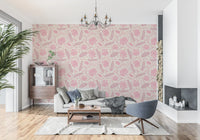 Lotus - Botanical Trailing Water Lily Floral Block Print-  Monochromatic Pink Wallpaper⁠