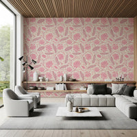 Lotus - Botanical Trailing Water Lily Floral Block Print-  Monochromatic Pink Wallpaper⁠