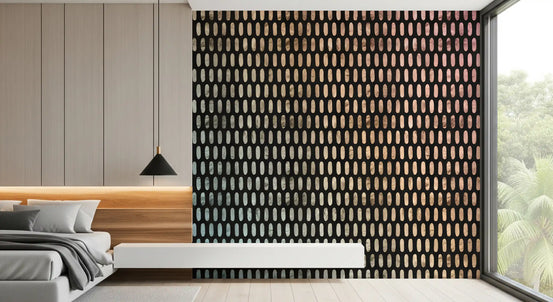Iridescent Ovals shimmer on the wall mural over a sleek bedroom GD11522