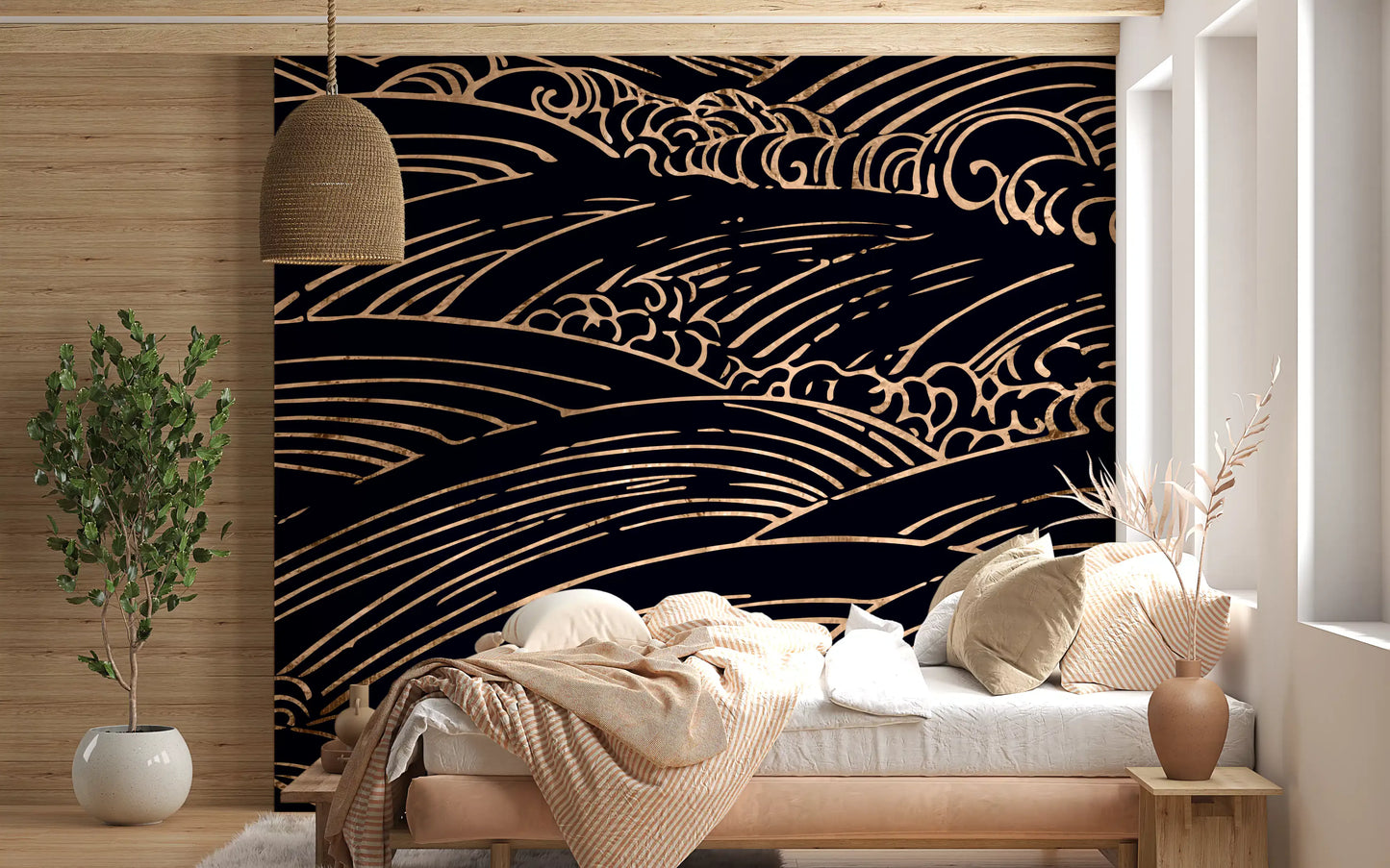 Gilded Rolling Japanese Waves Wall Mural
