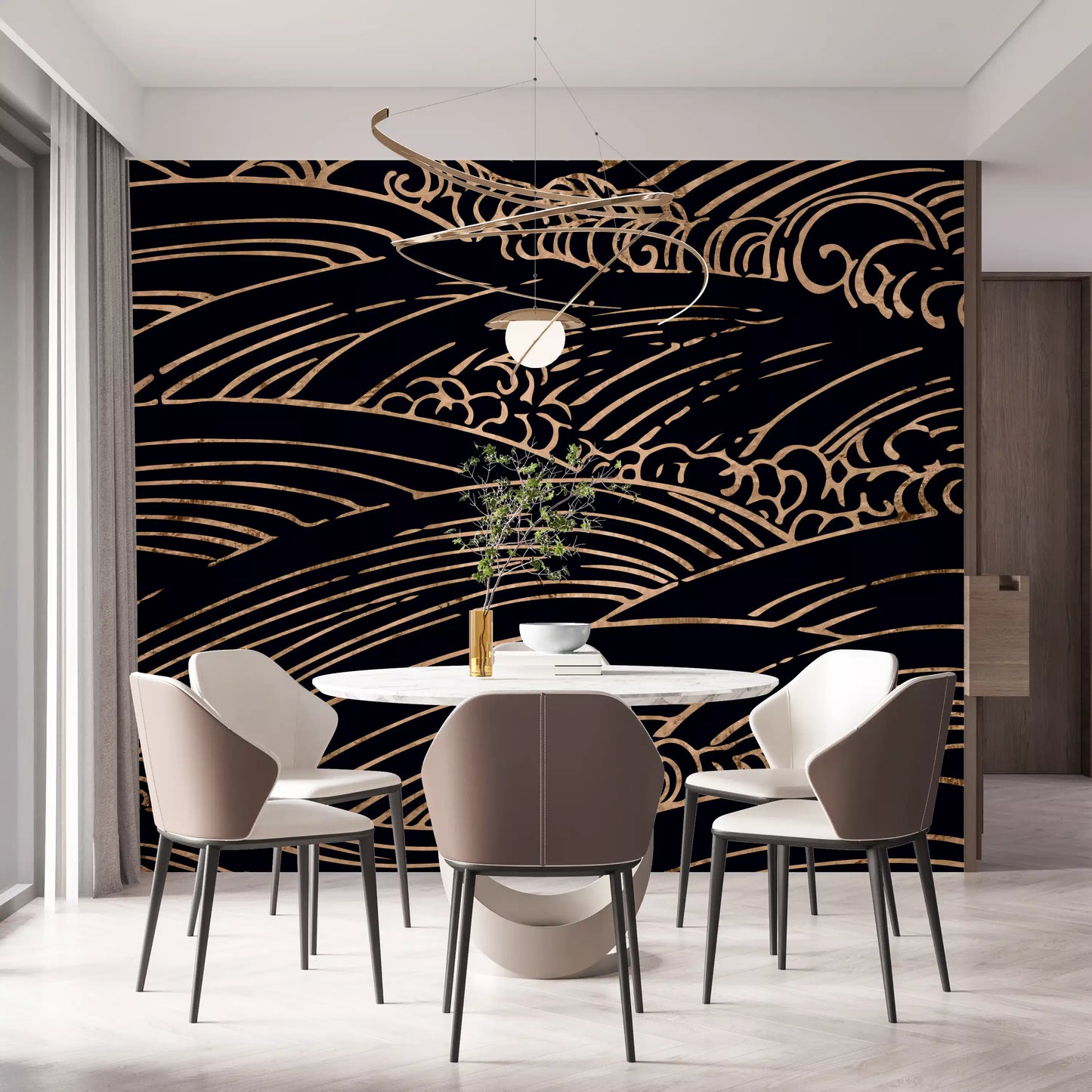 Gilded Rolling Japanese Waves Wall Mural