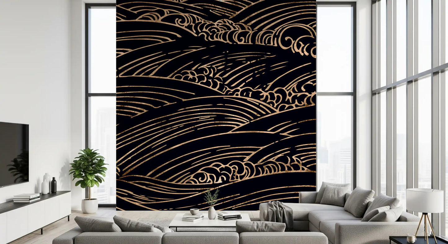 Gilded Rolling Japanese Waves Wall Mural