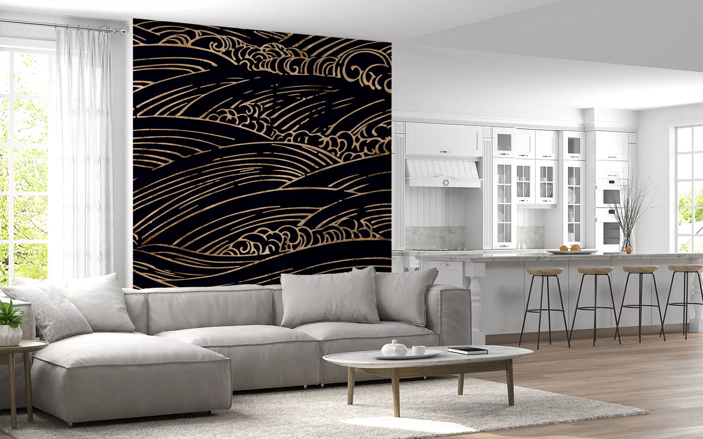 Gilded Rolling Japanese Waves Wall Mural