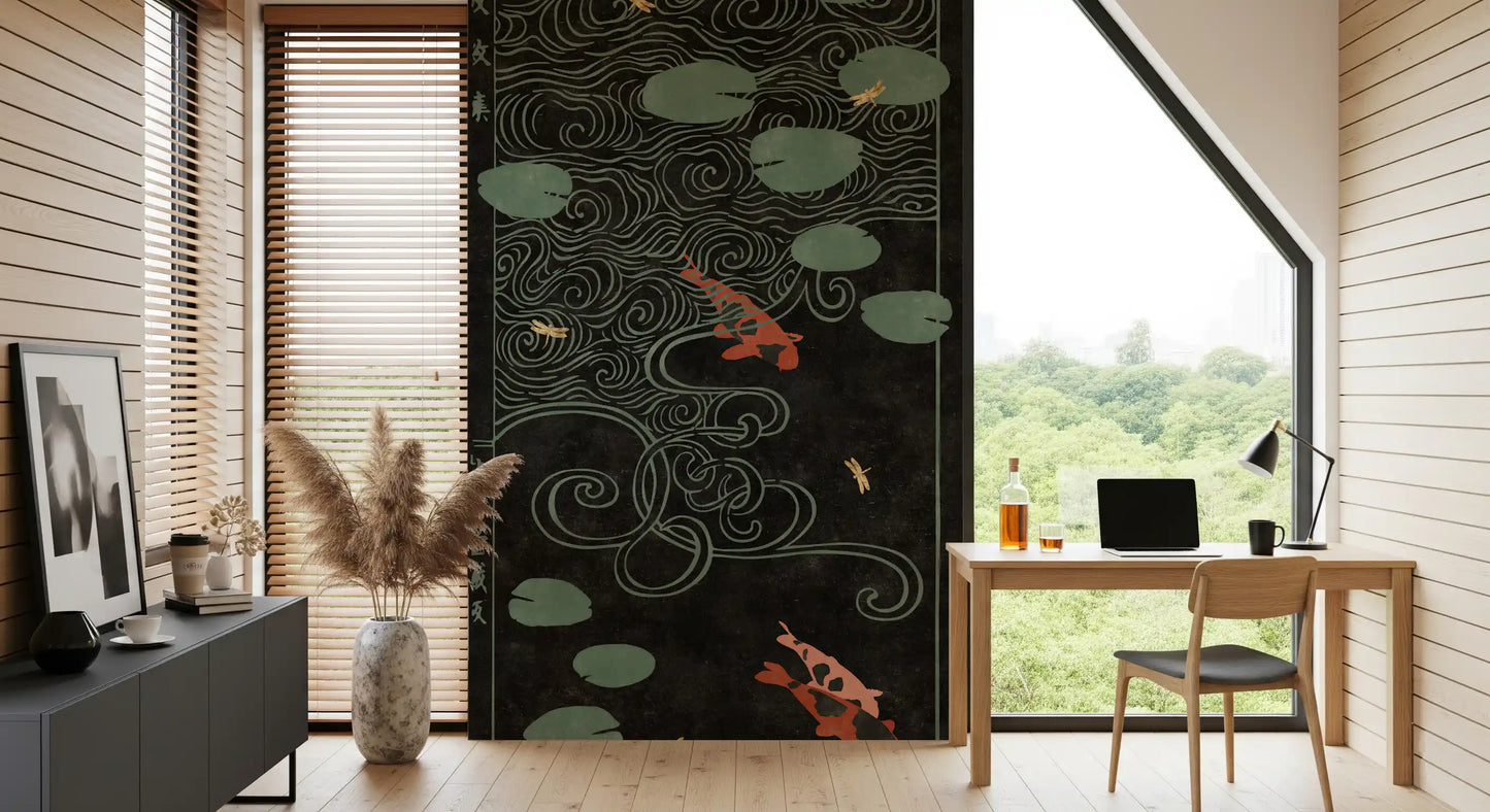 Japanese Koi Pond Woodblock Wall Mural