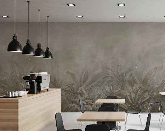 Warm sepia tones fill the wall mural, Jungle Mists Sepia in a cafe area GD11530