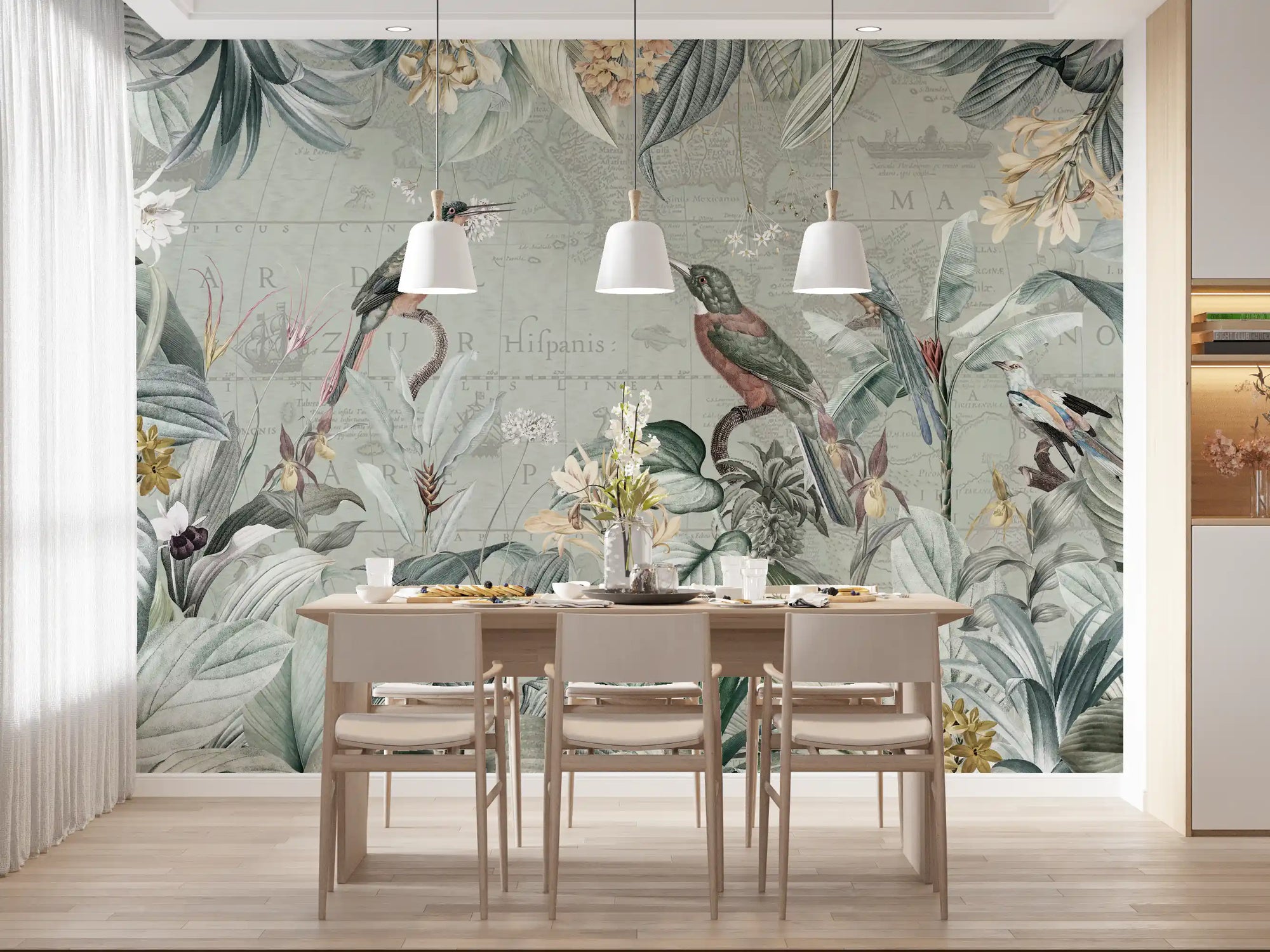Vintage garden bird wall mural adding tropical colour to a dining room GD11537