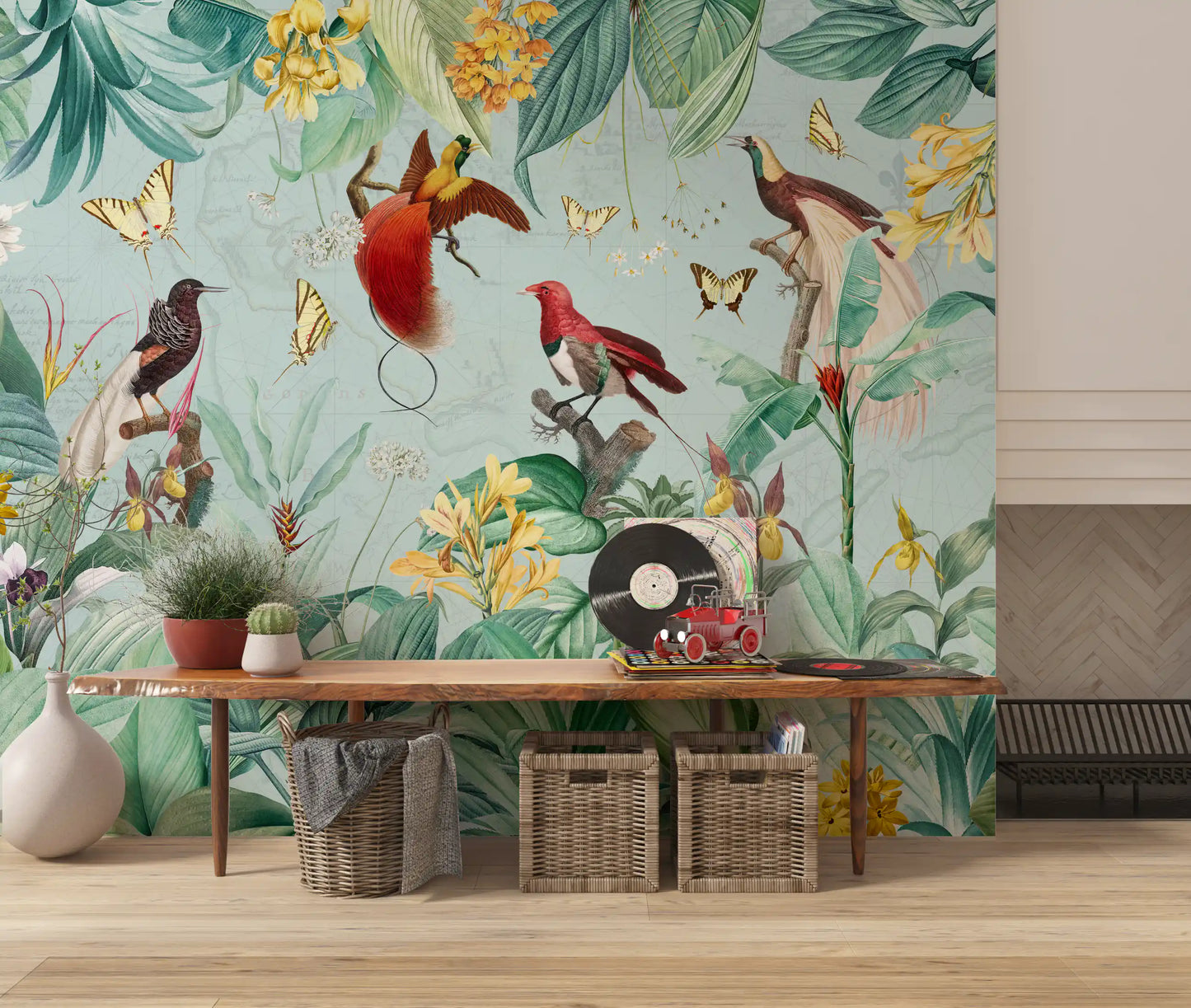 Exotic Bird and Tropical Flora Illustration Wall Mural