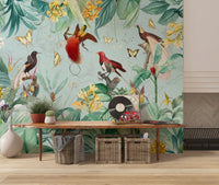 Exotic Bird and Tropical Flora Illustration Wall Mural