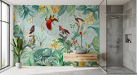 Exotic Bird and Tropical Flora Illustration Wall Mural