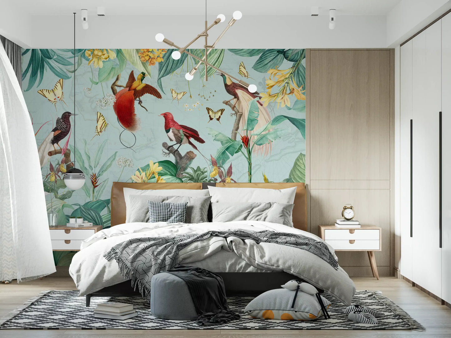 Exotic Bird and Tropical Flora Illustration Wall Mural