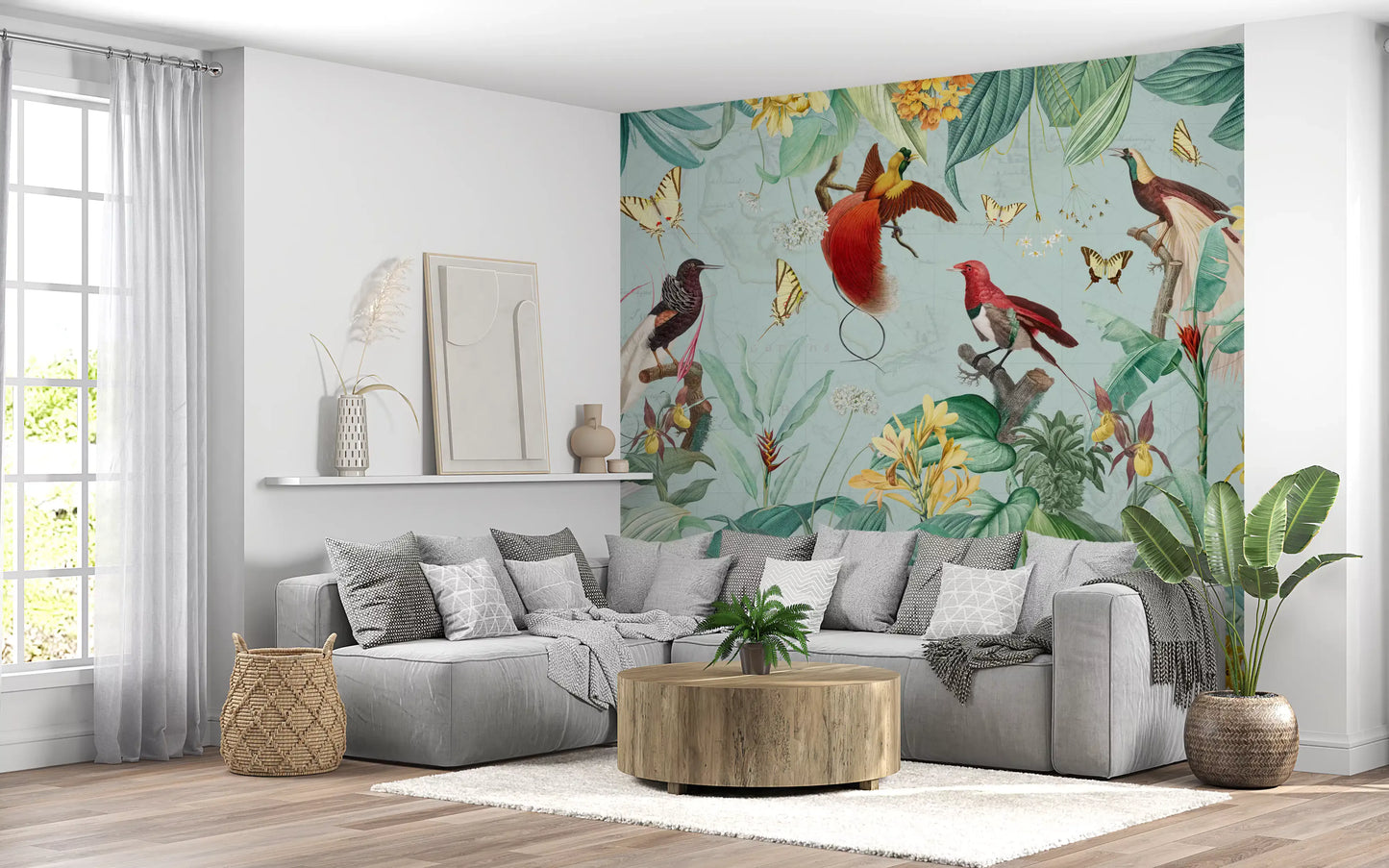 Exotic Bird and Tropical Flora Illustration Wall Mural