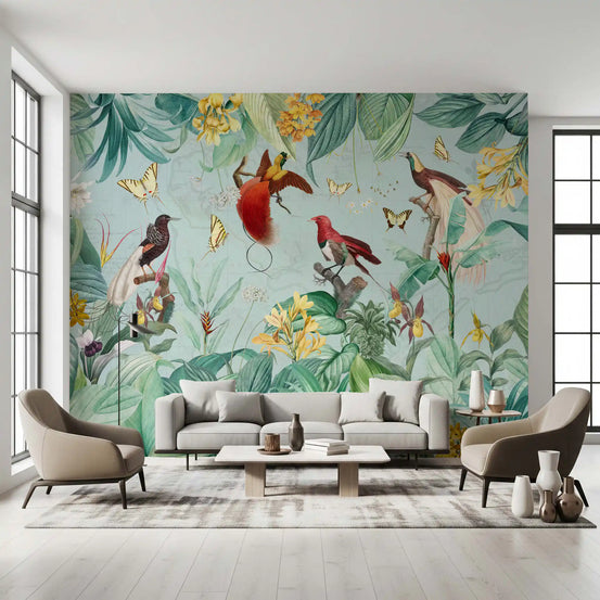 Exotic Bird and Tropical Flora Illustration Wall Mural