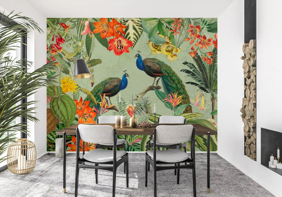 Exotic Flora & Peacock Haven Wall Mural