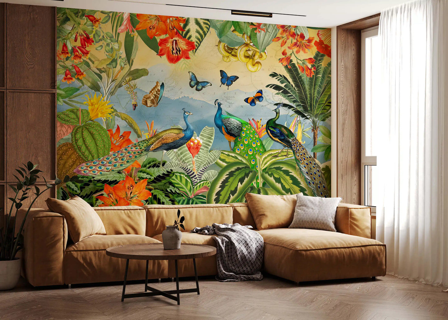 Vintage Peacock and Tropical Botanical Explorer Wall Mural