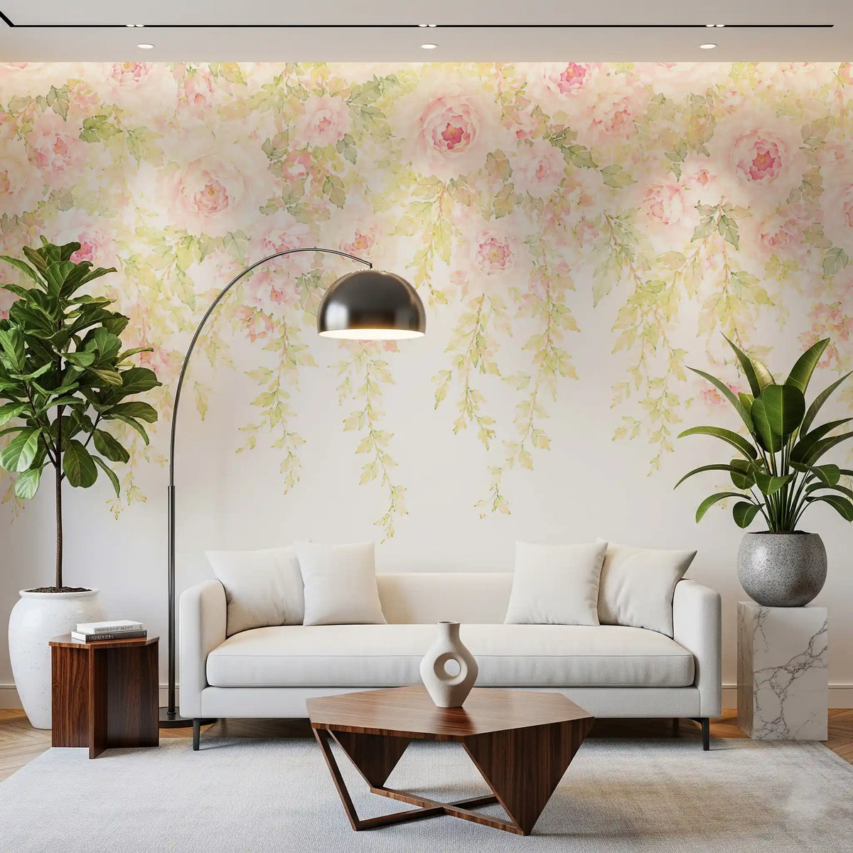 Trailing green vines and roses on a wall mural in a office area GD11547
