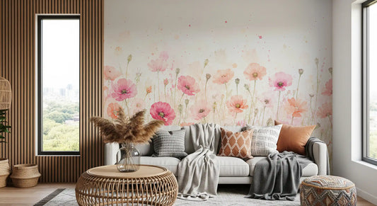 Blush poppy field wall mural adding watercolour blooms to a living room GD11548

