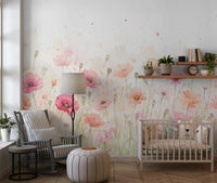 Soft Watercolor Poppy Meadow Wall Mural