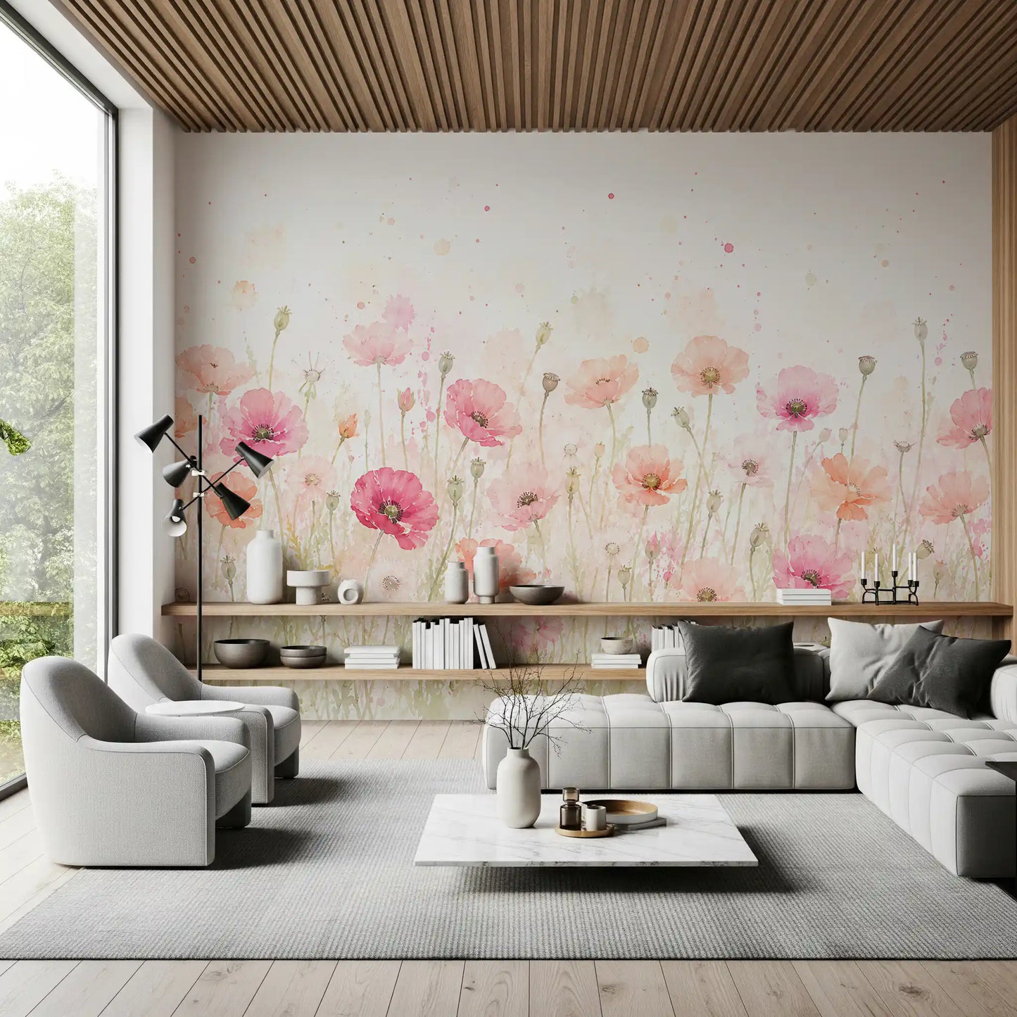 Soft Watercolor Poppy Meadow Wall Mural
