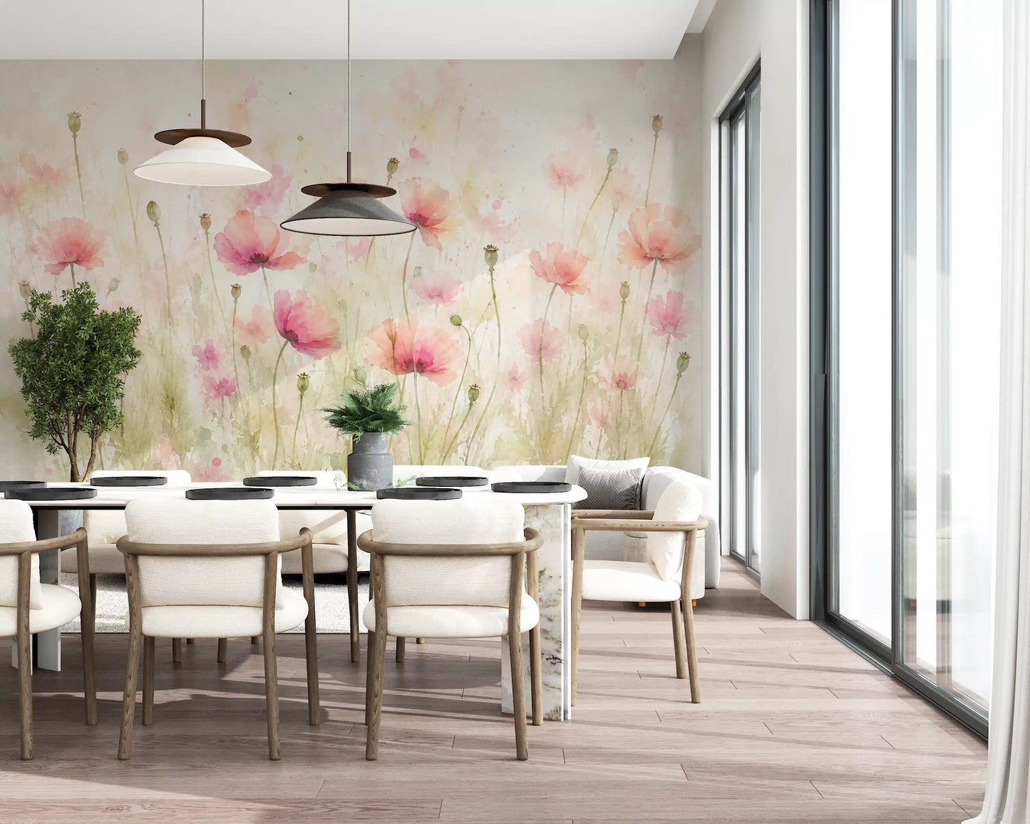 Blush Pink Meadow Wildflowers Wall Mural