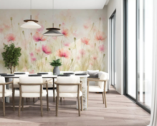 Wall mural fills a calm dining room with Blush Pink Meadow Wildflowers GD11551
