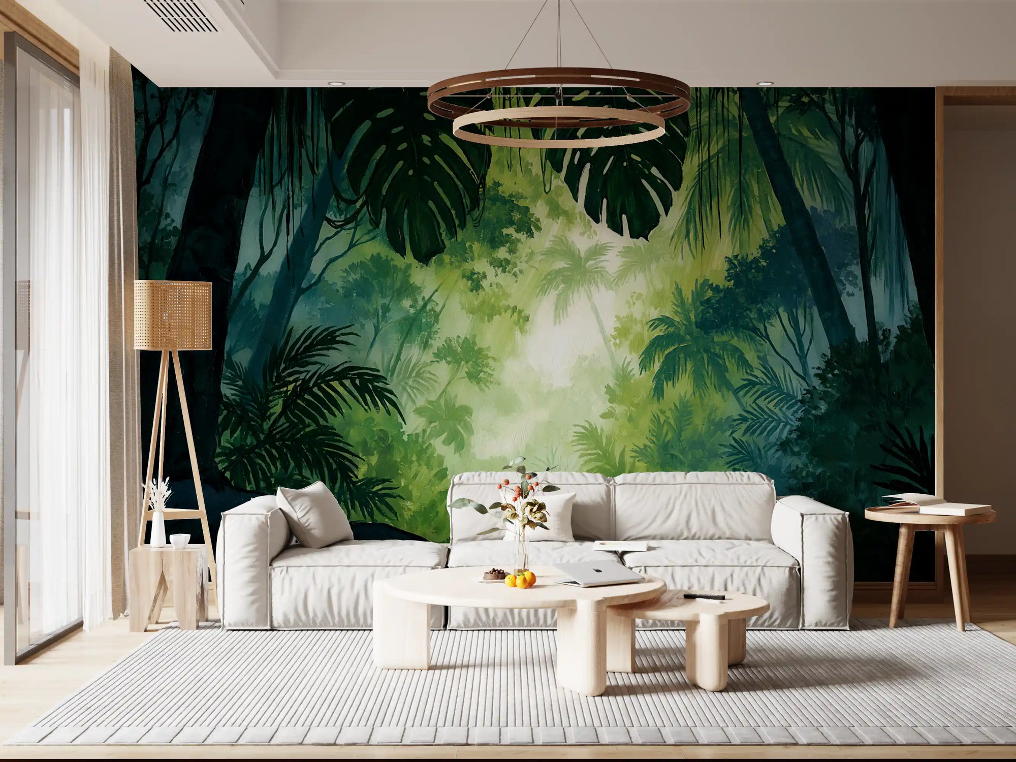 Deep green palms and leaves fill a living room, Forest Glade wall mural GD11552
