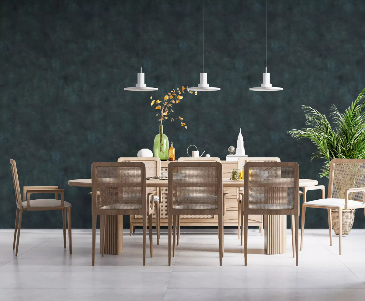 Dining room dressed in mottled Prussian Blue wallpaper for a moody tone GD11565
