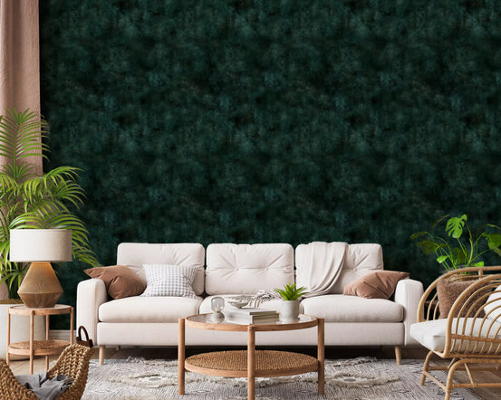 Moody emerald painterly mineral wallpaper styled in a living room, GD11567
