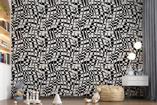 Wavy checks liven a Nursery area  feature, Warped Monochrome Checkerboard wallpaper GD11579
