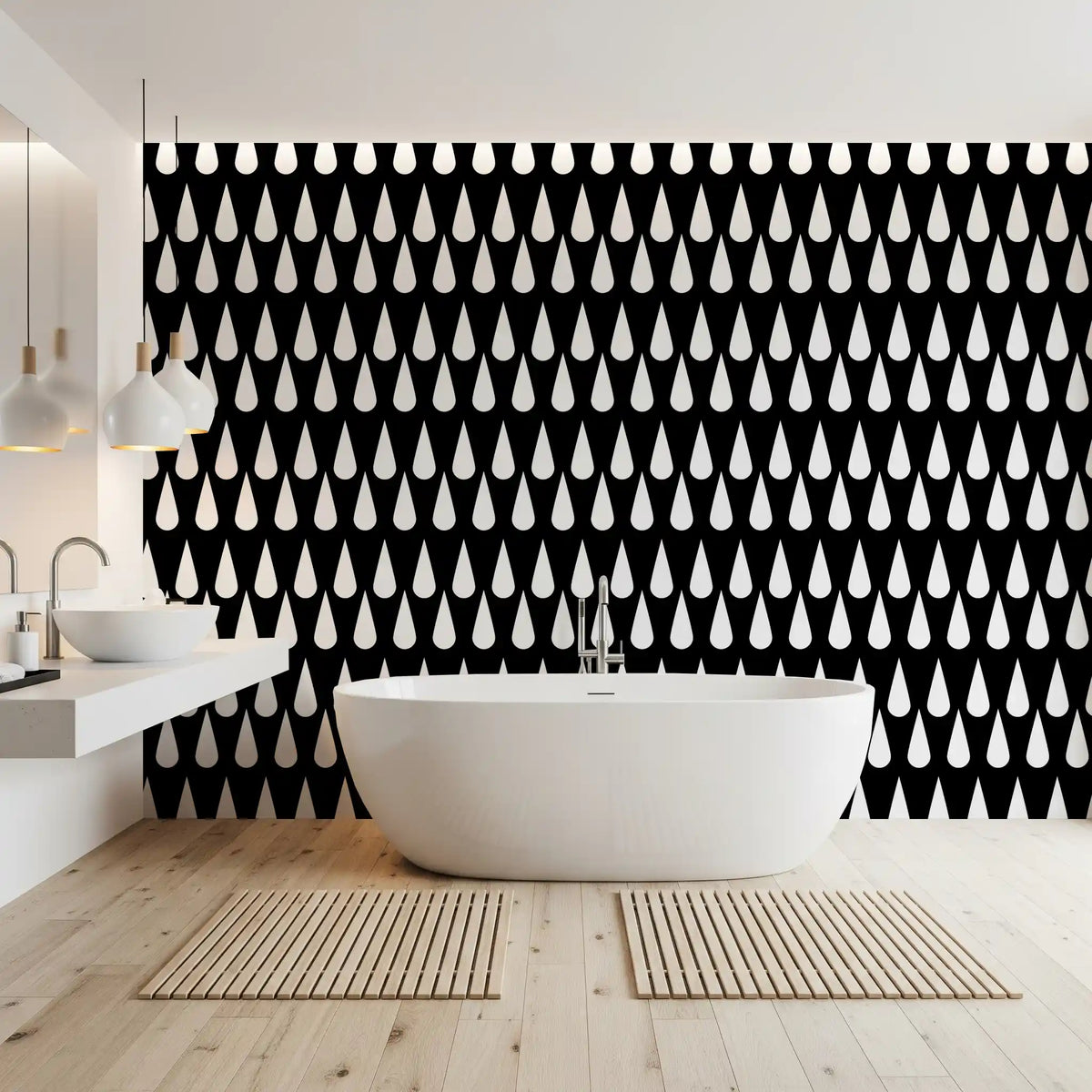 White teardrops over black make a graphic wallpaper backdrop for a bathroom GD11585
