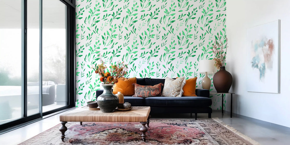 Green leaf sprigs scatter behind a hallway in greenery garden wallpaper GD11596