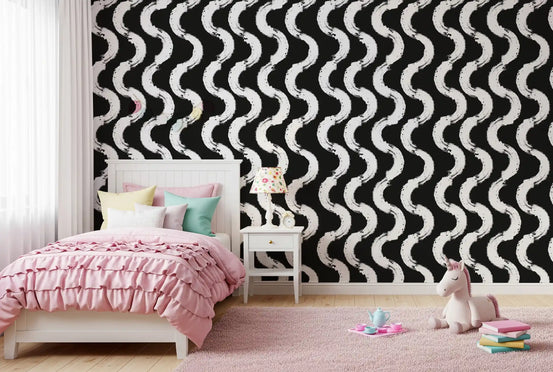 Monochrome Wavy Rhythm sways on the wallpaper over a bold bedroom GD11605