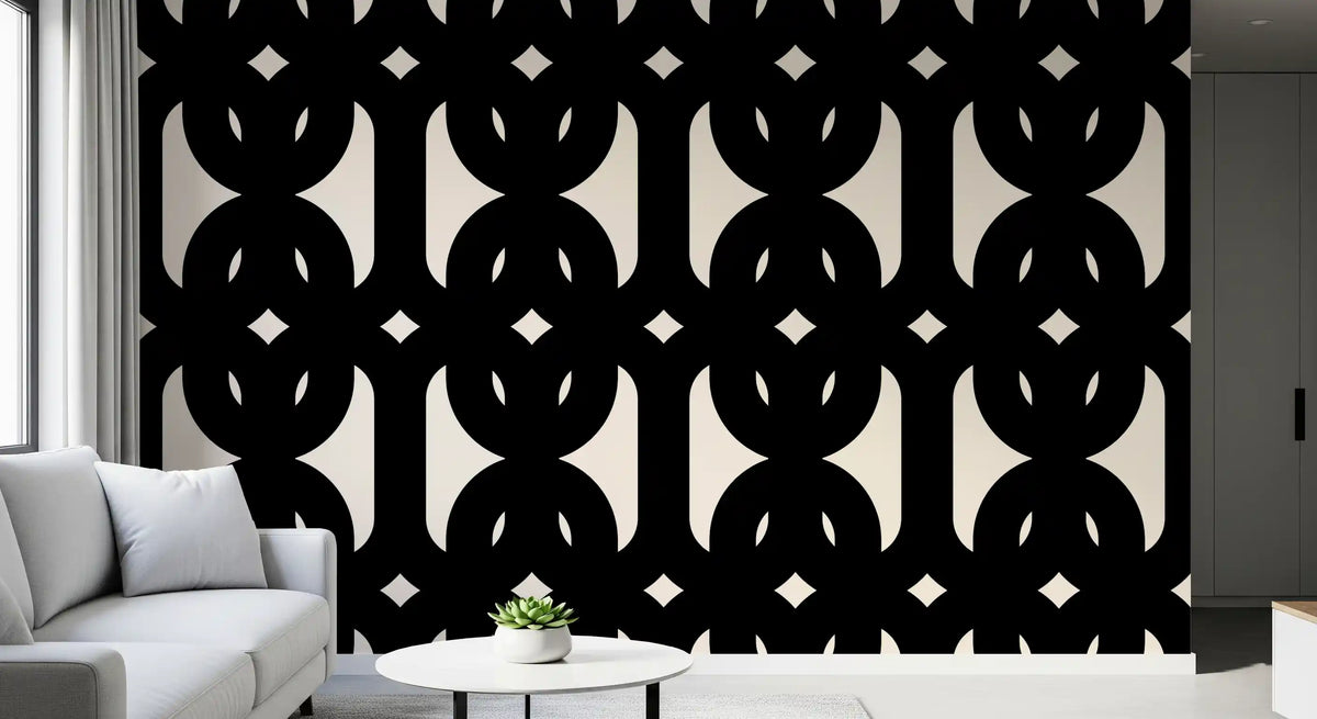Bold living room feature in graphic interlocking wallpaper, black on cream GD11609
