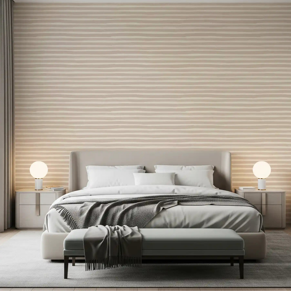 Beige horizontal brushstrokes wallpaper sets a calm tone behind a bedroom GD11612
