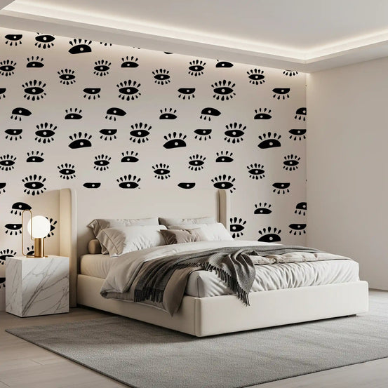 Calm bedroom set off by whimsical eye wallpaper in black on cream GD11619
