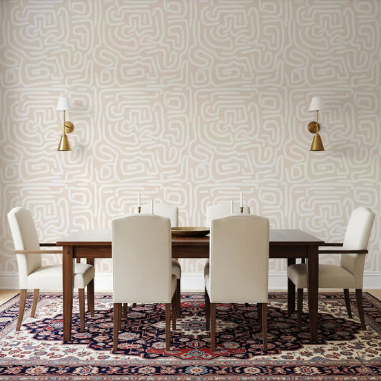 Maze linework covering a dining room, abstract cream wallpaper GD11624
