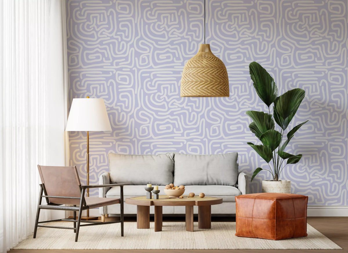 Maze lines looping behind a living room in Minimalist Violet Maze wallpaper GD11625
