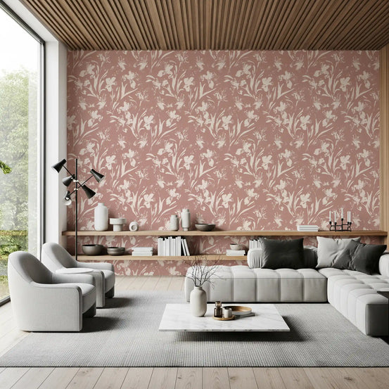 Living room warms up under cream lilies scattered across earthy floral wallpaper GD11626
