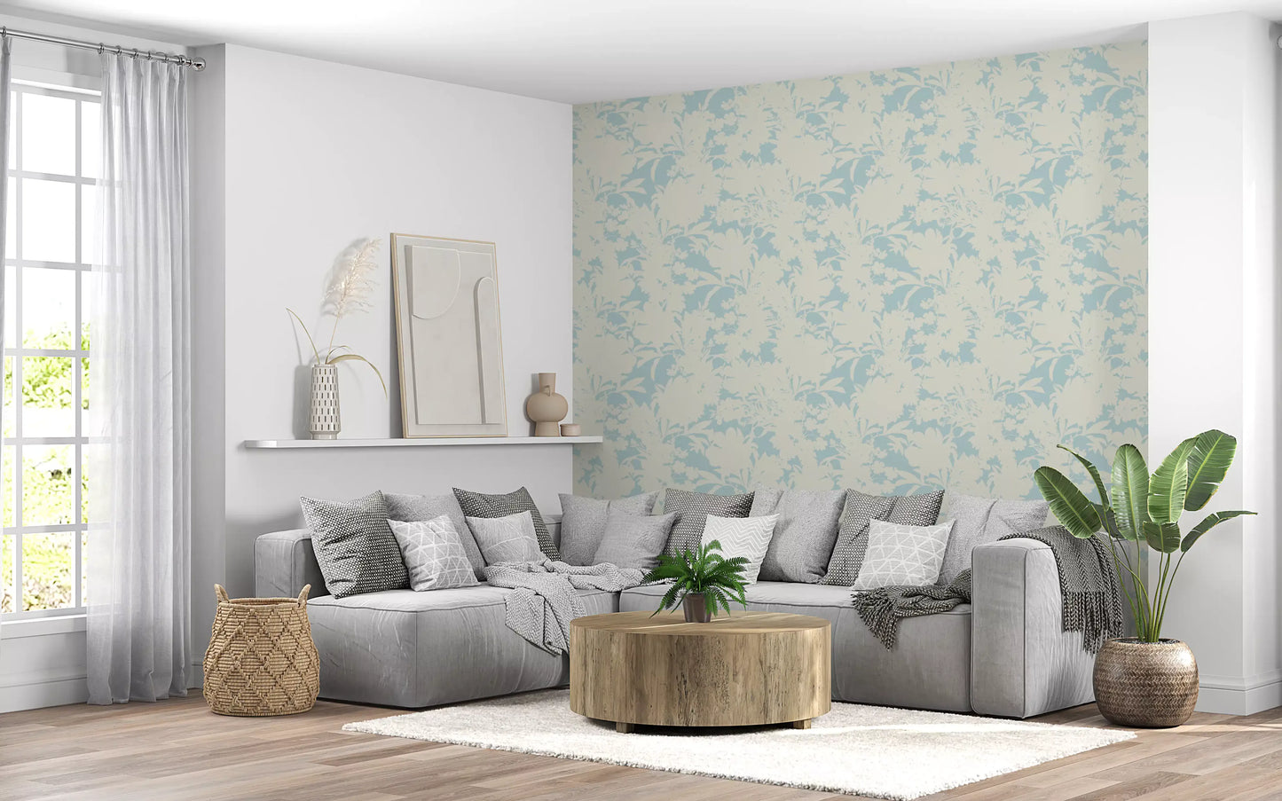 Airy Cream and Blue Garden Repeat Wallpaper⁠