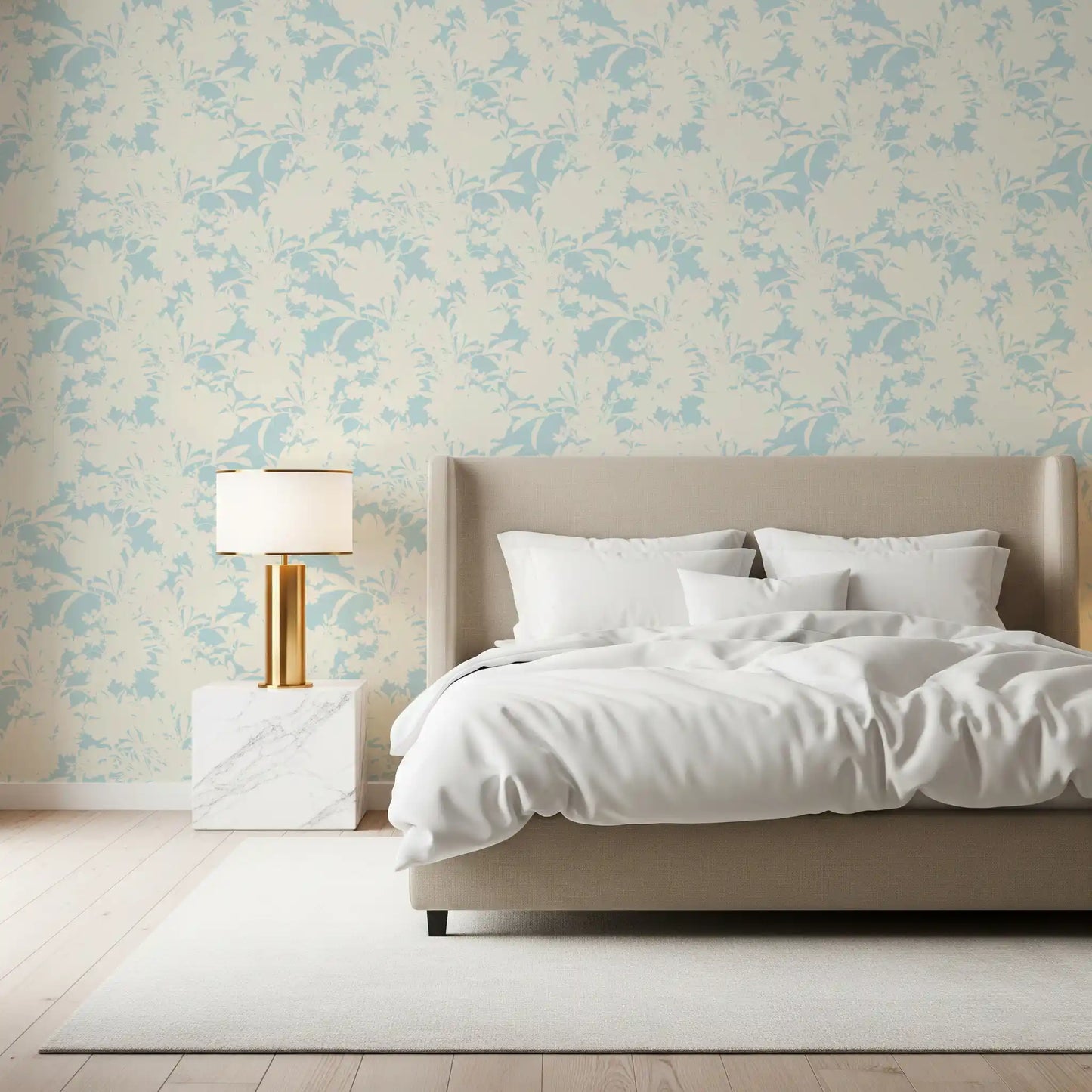 Airy Cream and Blue Garden Repeat Wallpaper⁠
