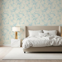 Airy Cream and Blue Garden Repeat Wallpaper⁠