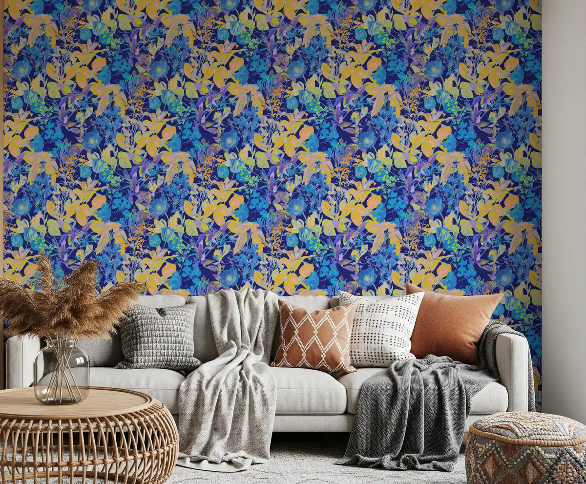 Vibrant Neon Garden wallpaper sets a lively tone in a modern living room GD11638
