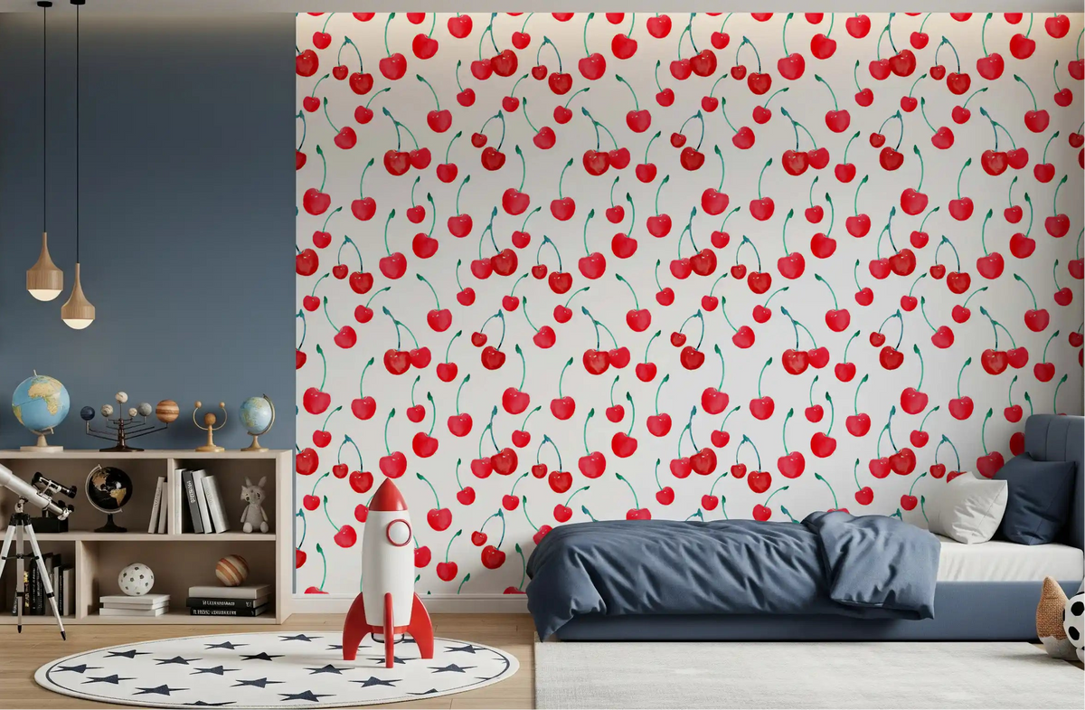 Cheerful bedroom styled with the Summer Orchard Cherry wallpaper GD11641
