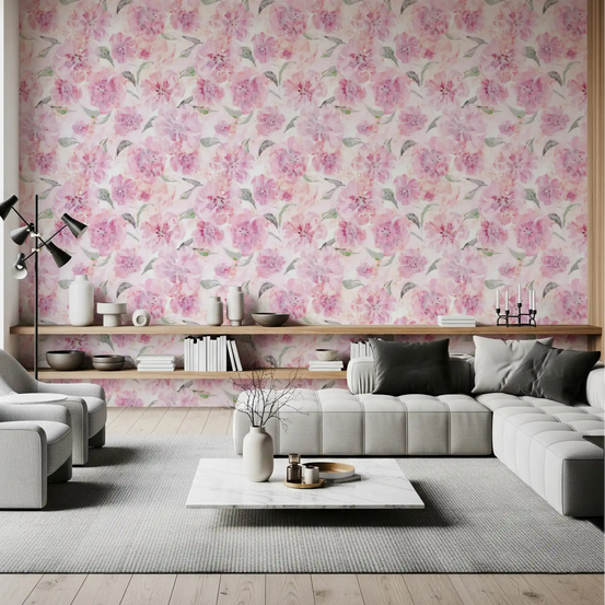 Living room styled around pink floral wallpaper with painterly blooms GD11642
