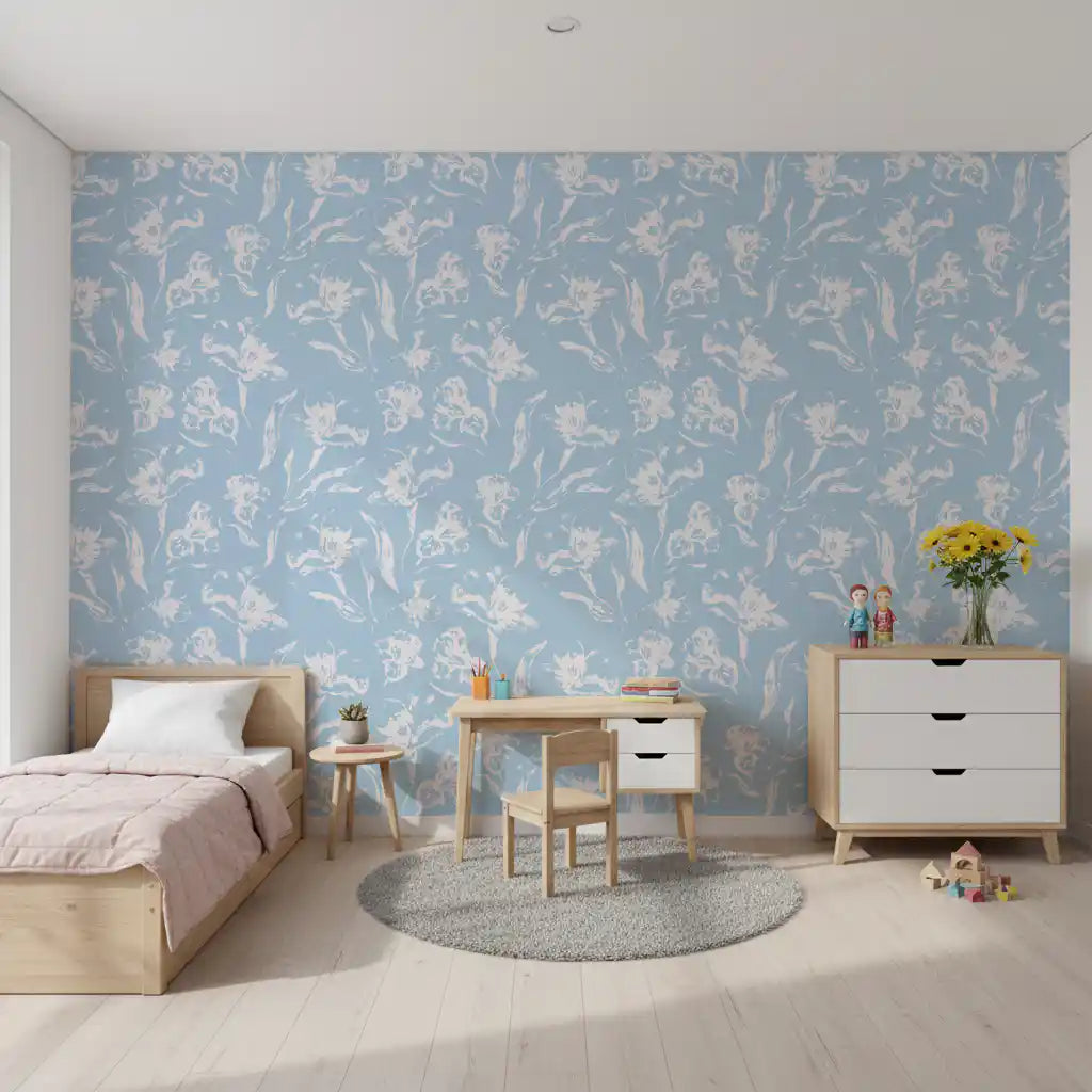 Hand-Drawn Botanical Azure Pattern Wallpaper⁠