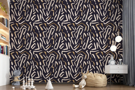 Dark gesture wallpaper lifts a styled nursery area with gold marks GD11653