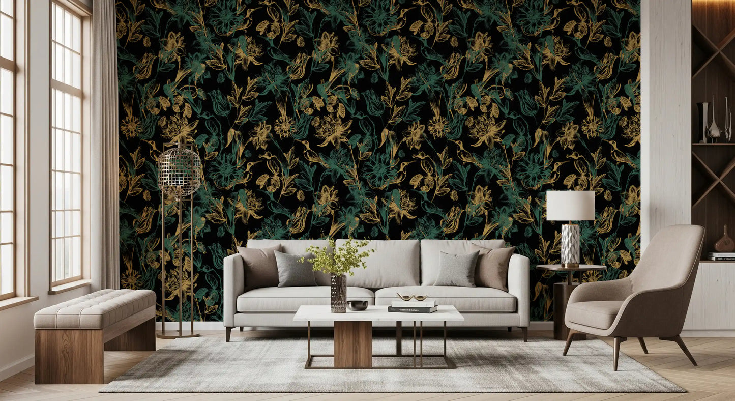 Golden Foliage and Hummingbird Art Wallpaper⁠