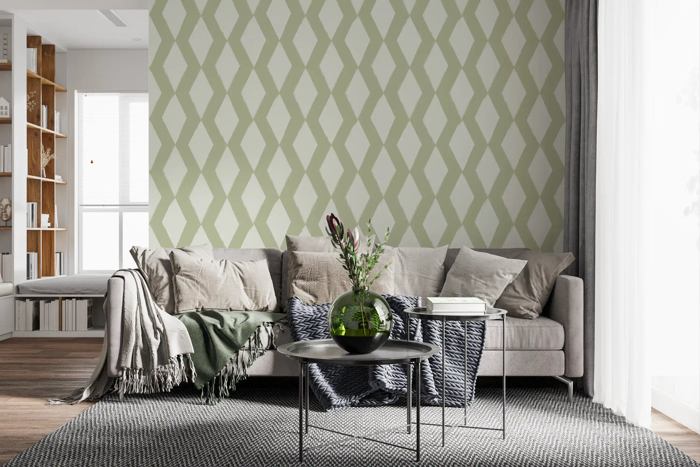 Sage Brushstroke Diamond Lattice Wallpaper⁠