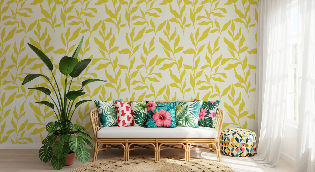 Golden leaves scatter over the living room in Sun-Kissed Foliage wallpaper GD11660
