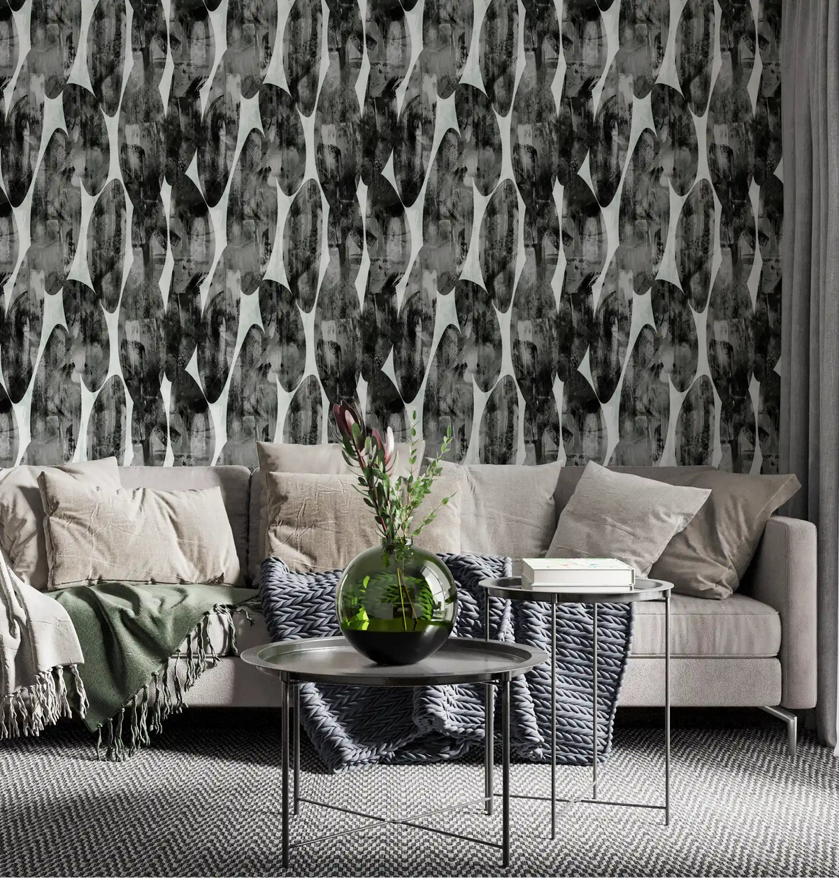 Living room styled with layered brushstroke wallpaper in charcoal and grey GD11662

