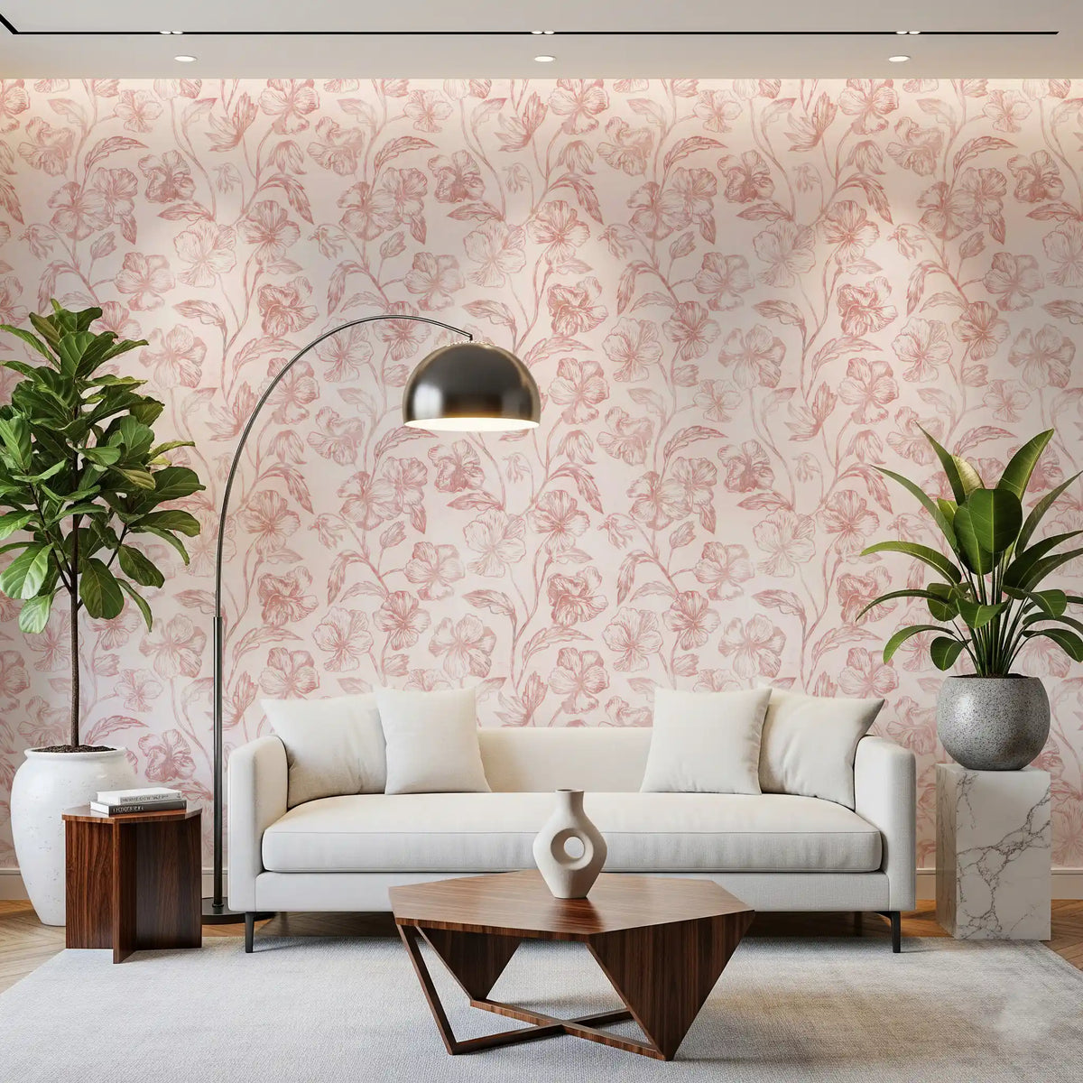 Rosy botanical wallpaper softens a calm living room GD11663
